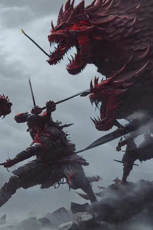 Image similar to a close up shot of the most epic samurai battle in history. Ancient dragons slaughtering samurai. Two samurai dueling, many dead with Sashimono. Greg rutkowski legendary matte painting.. 4k, particles light,