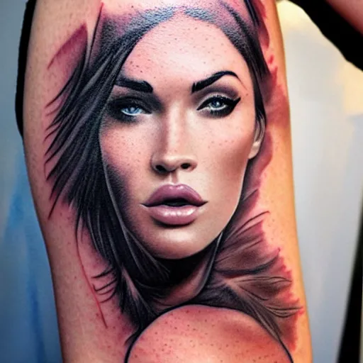 Prompt: tattoo sketch of megan fox's face blended in amazing mountain scenery, in the style of dan mountford