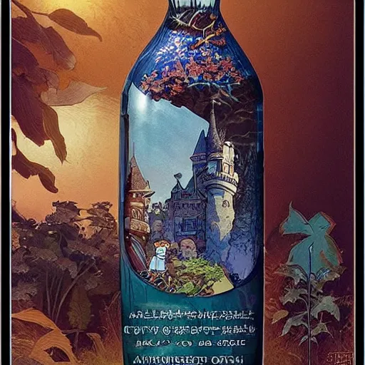 Image similar to a beautiful 🏰 contained inside an ornate vintage bottle by charles vess, studio ghibli & james gurney, artstation, 8 k, beautiful light, hyperrealism, studio photography