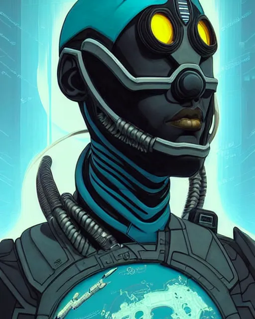 Image similar to sojourn from overwatch, african canadian, gray dread locks, gray hair, teal silver red, cyber eyes, character portrait, portrait, close up, concept art, intricate details, highly detailed, vintage sci - fi poster, retro future, vintage sci - fi art, in the style of chris foss, rodger dean, moebius, michael whelan, and gustave dore