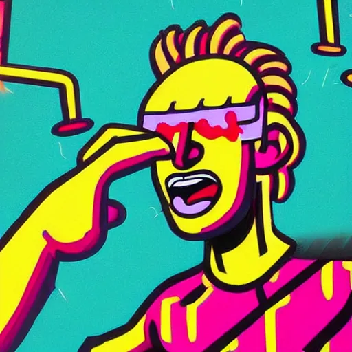 Image similar to pop art of someone taking a selfie smiling during the apocalypse, bright neon colors, intricate details, complementary colors, detailed face, backlighting, octane render, depth of field, extremely detailed, trending in artstation, focus on face, sharp focus, radiant light, beautiful composition, drawn by roy lichtenstein, keith haring, romero britto