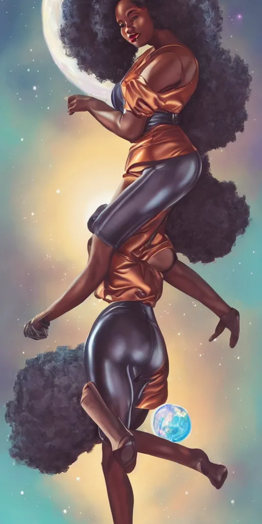 Image similar to full body shot of black woman in an astronaut suit with a celestial afro, pin-up style by Artgerm, realist, trending on artstation