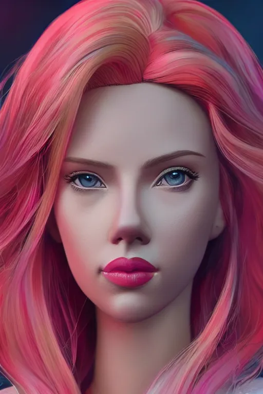 Image similar to Scarlett Johansson as a barbie doll, vivid colors, high details, cinematic, 8k resolution, beautiful detailed, photorealistic, digital painting, artstation, concept art, smooth, sharp focus, illustration, fantasy background, artstation trending, octane render, unreal engine