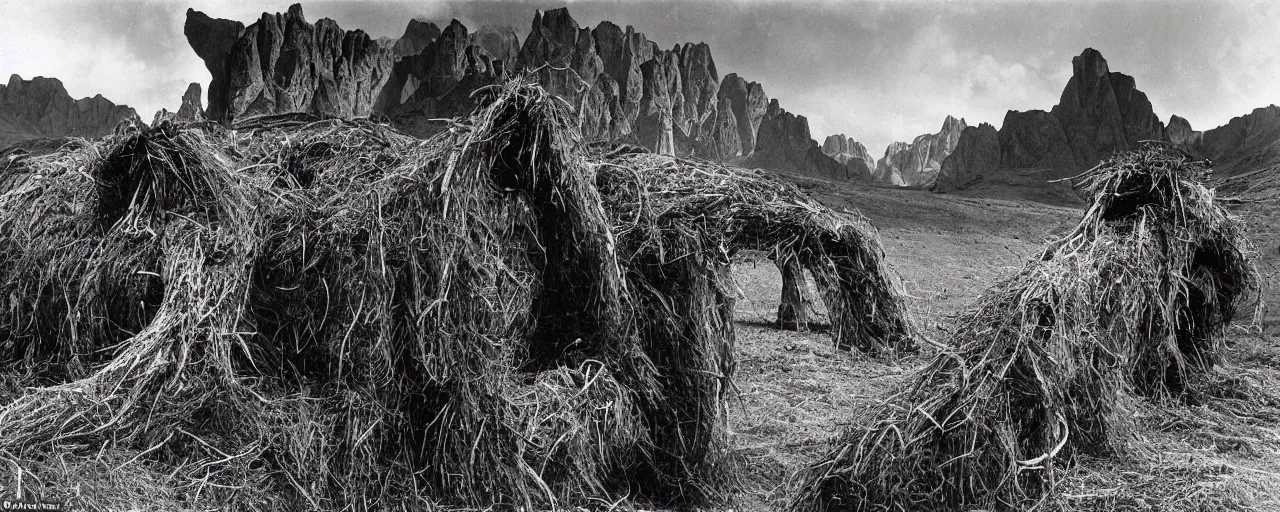 Image similar to 1940s photography of eerie landscape in the dolomites, farmer transformed into root and hay monster