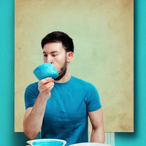Prompt: poster of a man eating blue cyan soup from a wooden bowl, award winning, trending on artstation, unreal engine