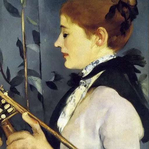 Prompt: an oil painting of a woman flute player by Manet