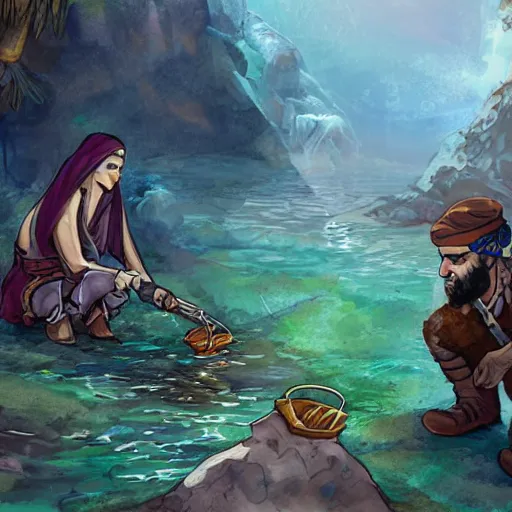 Prompt: Three adventurers - Liz (sorceress), Tim (bearded alchemist) and Farhan (dwarf-like man) exploring underground river with gems laying around | fantasy art