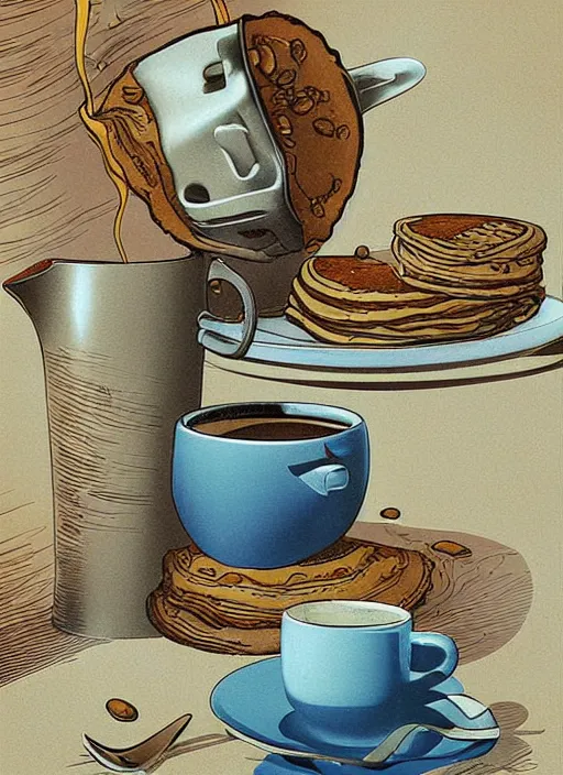 Image similar to coffee and pancakes poster artwork by Michael Whelan, clean
