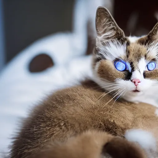 Image similar to snowshoe cat sleeping on a human's lap, wide angle shot, high resolution, cinematic lighting, glitter falling from the top of the photograph,