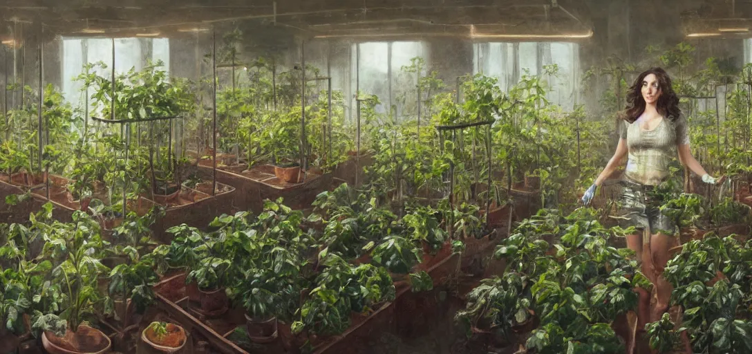 Prompt: gloomy Biopunk, organic oil painting of Alison Brie cultivating hydroponic plants, wide shot, indoors