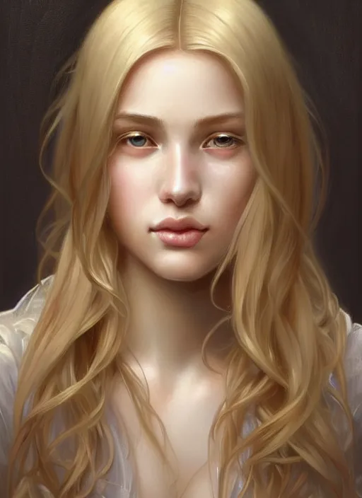 Image similar to beautiful face! portrait of young woman blessed with ever - increasing physical and mental perfection, realism, blonde hair, perfect face!! intricate, elegant, highly detailed, vision of holy perfection!! digital painting, artstation, concept art, smooth, sharp focus, illustration, humanity, art by artgerm and greg rutkowski and alphonse mucha