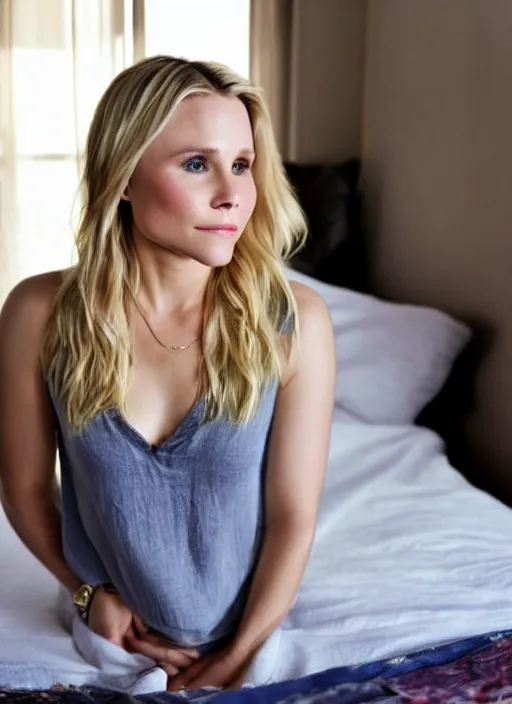 Prompt: through my eyes, first person view, my pov, kristen bell on my bed looking at me, on my bed