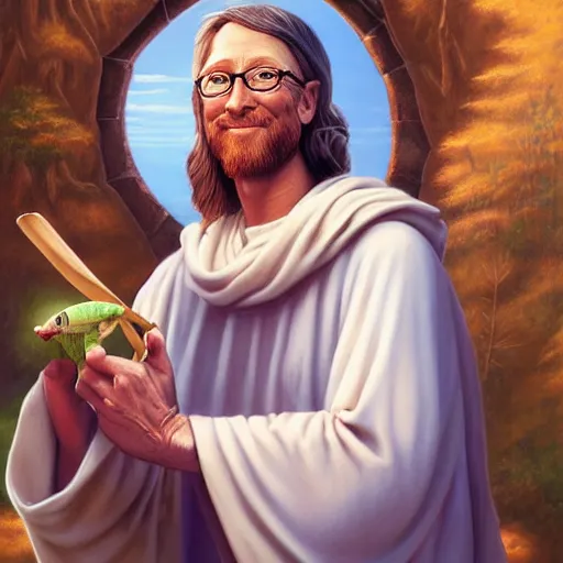 Image similar to a detailed fantasy character painting of Bill gates holding a giant cricket, dressed like Jesus Christ, by lauri blank, artgerm, evelyn de morgan, 8K, 50mm lens
