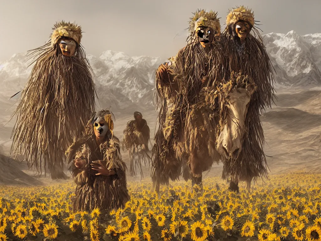 Image similar to a portrait of the mighty helianthus people, a nomadic mongolian tribe that worship the sunlight and have the ability to fly, they dwell a vast barren valley full of dry withered sunflowers, with a glacier mountain peaking through fog in the distance, by Greg Rutkowski, Sung Choi, Mitchell Mohrhauser, Maciej Kuciara, Johnson Ting, Maxim Verehin, Peter Konig, Bloodborne, macro lens, 35mm, 8k photorealistic, cinematic lighting, HD, high details, atmospheric