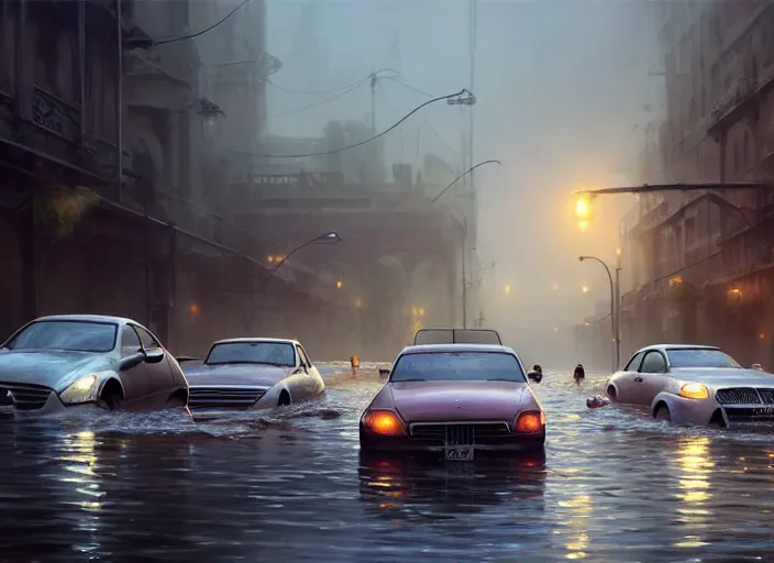 Image similar to cars driving through shallow water, flooded city, people walking through shallow water, muted colors, highly detailed, hyperrealistic, oil painting, intricate, cgsociety, artstation, 8 k, cinematic, soft lighting, by greg rutkowski, by wlop, by artgerm