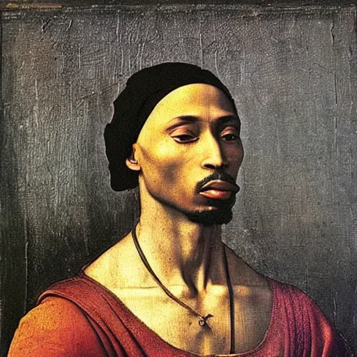 Prompt: A Renaissance portrait painting of Tupac Shakur by Giovanni Bellini and Leonardo da Vinci. Tupac