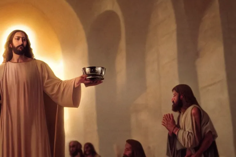 Image similar to Jesus holding the holy grail, cinematic masterpiece, warm atmosphere, very sharp and detailed image