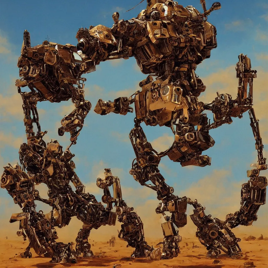 Prompt: a (pulp sci-fi) poster depicting a giant (rusted bronze dog) mech piloted by a dog, (riveted mechanical dog) on a desert world