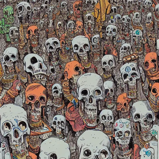 Prompt: Geof Darrow drawing of Psychedelic town of Skulls, medieval town, skulls, drawn by Geof Darrow, trending on artstation