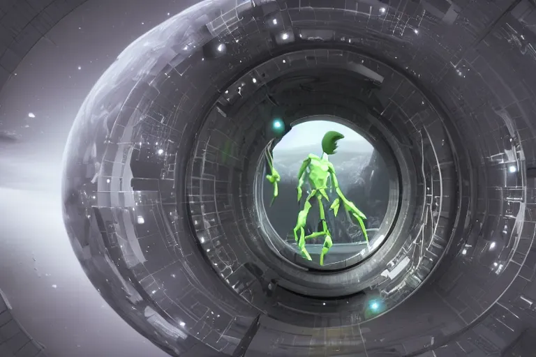 Prompt: friendly aliens coming to earth through a space portal,hyper realistic, 8K, octane render
