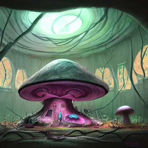 Image similar to concept art painting of a interior of a circular alien fairytale fantasy fungus house inside of a mushroom, with black vines, realistic, detailed, cel shaded, magenta and gray, dark, in the style of makoto shinkai and greg rutkowski and james gurney