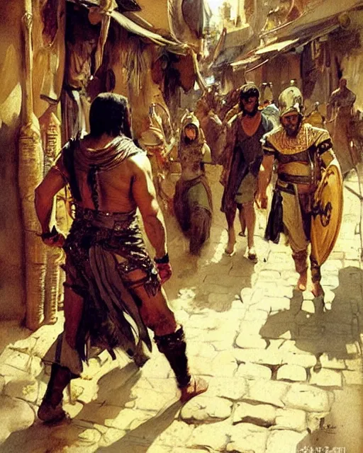 Image similar to fantasy concept art by anders zorn depicting colin farrell as an ancient egyptian rogue walking through a busy medieval outdoor bazaar