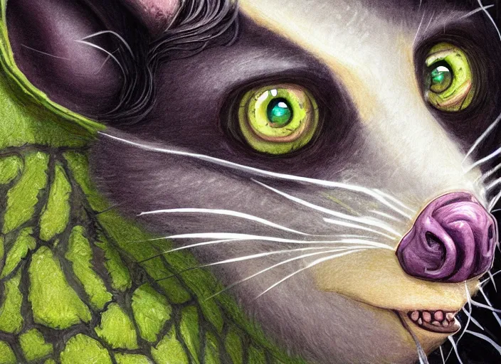 Image similar to face portrait of a anthro green zombie opossum fursona with long dark hair. Ruined stormy city. Glorious sun beams, intricate, elegant, highly detailed, digital painting, short focus, illustration, Allan Lee, John Howe