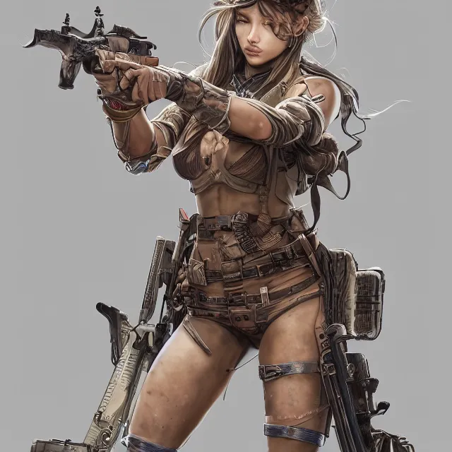 Prompt: the portrait of lawful neutral colorful female infantry gunner as absurdly beautiful, gorgeous, elegant, young swimsuit model looking straight down, an ultrafine hyperdetailed illustration by kim jung gi, irakli nadar, intricate linework, highly detailed faces, extremely sharp focus, octopath traveler, unreal engine 5 highly rendered, global illumination, radiant light, detailed and intricate environment