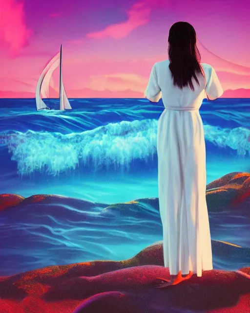 Image similar to a woman in a white dress standing in the water, an album cover by stanley twardowicz, trending on cg society, retrofuturism, retrowave, chillwave, synthwave