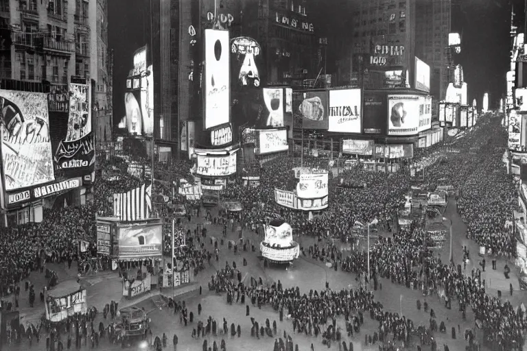 Image similar to a wide angle photograph of times square on new years eve, 1945, black and white