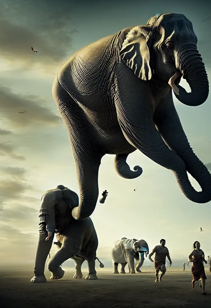 Prompt: people running terrified of the giant elephant, high detail, 8k, ornate, dark fantasy, realistic, masterpiece, complex, WLOP, film still from the movie directed by Denis Villeneuve with art direction by Pablo Picasso and Greg rutkowski, centered