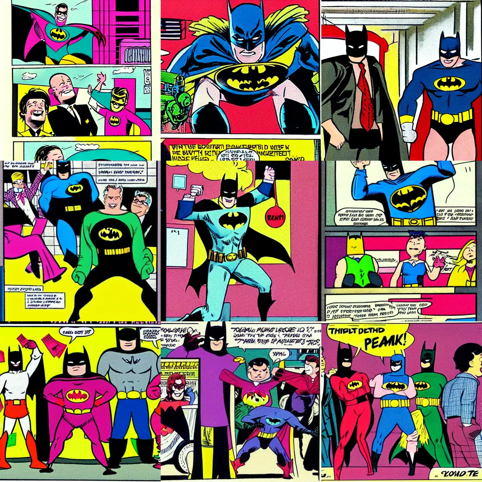 Prompt: Batman forgot to wear pants to the bank robbery, 1980s comic book panel, cartoon, colorful, embarrassing, funny, criminals laughing