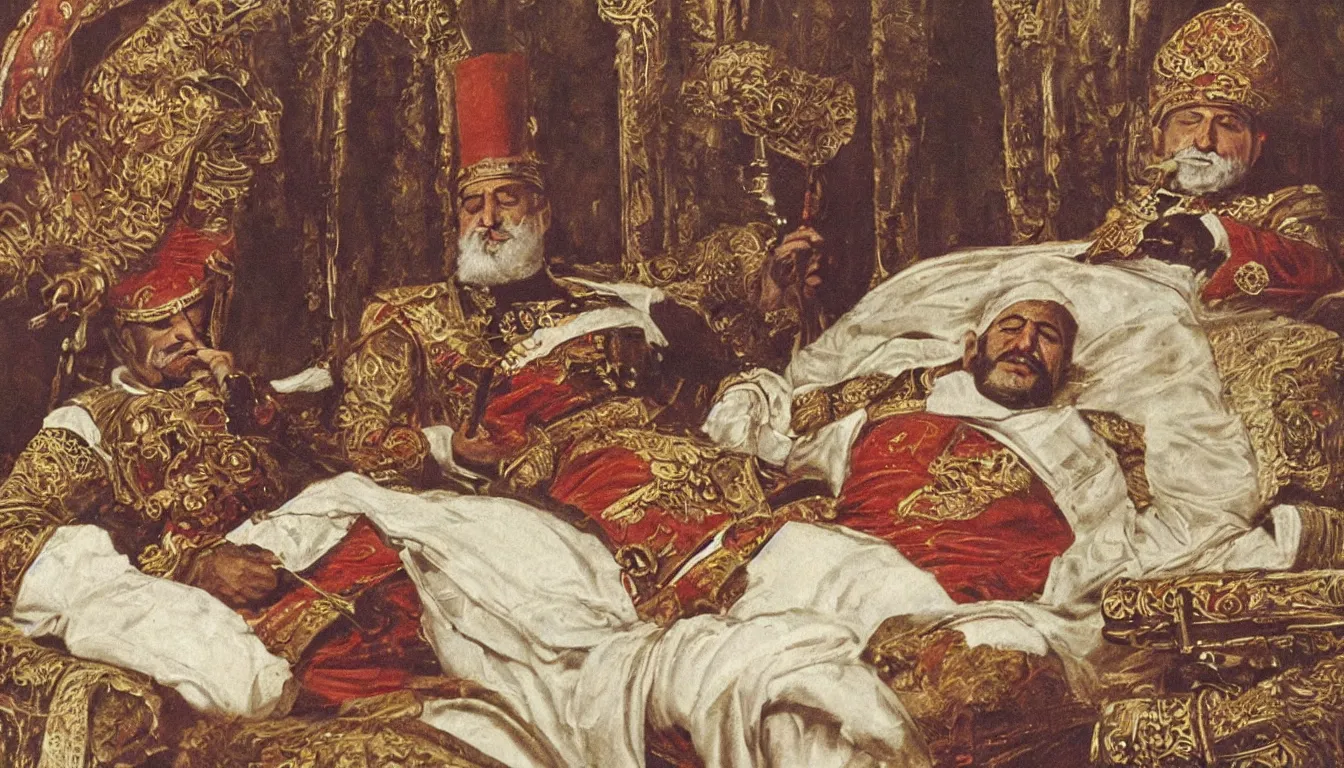 Image similar to turkish emperor smoking a hookah while laying down