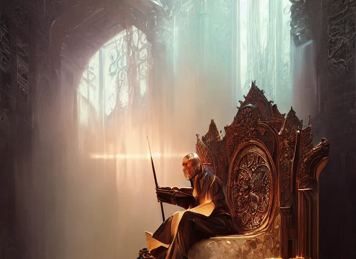 Image similar to wide view picture of a lord of materialization sitting on the throne, centred focus, lighting eyes, magic and fantasy, floating white cubes, highly detailed face, specular reflection, occlusion shadow, intricate, masterpiece, by ilya kuvshinov and jeremy lipking and quentin mabille