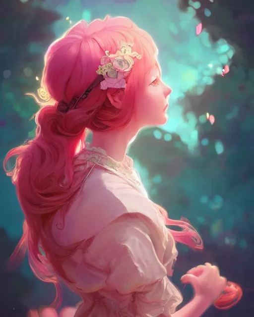 Image similar to beautiful girl pink blob hair, cute, intricate, highly detailed, digital painting, trending on artstation, concept art, smooth, sharp focus, backlit, rim light, vivid colors, illustration, unreal engine 5, 8 k, art by rossdraws and alphonse mucha