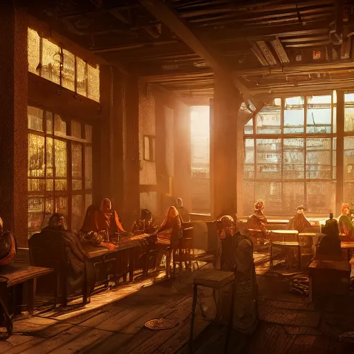 Image similar to ultra mega super hyper realistic Digital concept art of Cyberpunk tavern mixed with medieval style. Natural sunlight. Rendered in VRAY and DaVinci Resolve and MAXWELL and LUMION 3D, Volumetric natural light