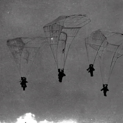 Image similar to grainy 1800s photo of a cybernetic paratroopers parachuting out of mechanical flying machines into a city