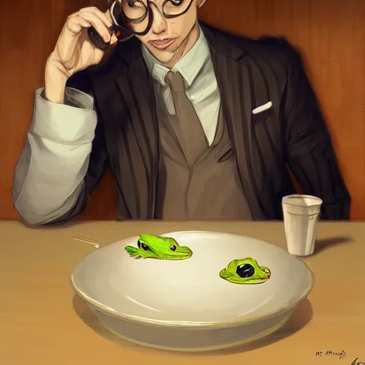 Prompt: Frog wearing business casual attire sitting in a bar and eating a bowl full of flies, digital painting, detailed, artstation, Krenz Cushart, Greg Rutkowski, Alphonse Mucha, Artgerm