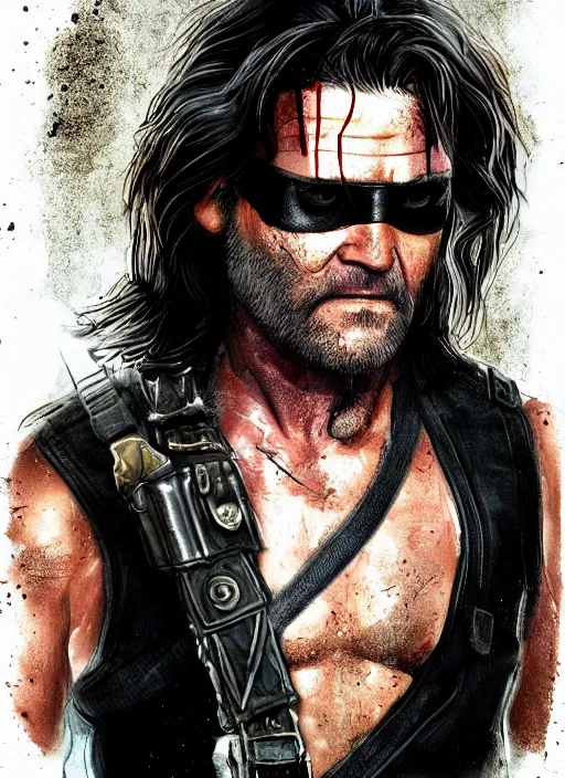 Prompt: Kurt Russell as Snake Plissken Escape From New York, Movie Inspired, black Eye patch over left eye, mixed media, Trending artstation, digital Art