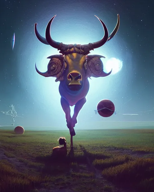 Image similar to highly detailed surreal vfx portrait of a futuristic minotaur in a rural farm with planets in background, stephen bliss, unreal engine, greg rutkowski, loish, rhads, beeple, makoto shinkai and lois van baarle, ilya kuvshinov, rossdraws, tom bagshaw, alphonse mucha, global illumination, detailed and intricate environment