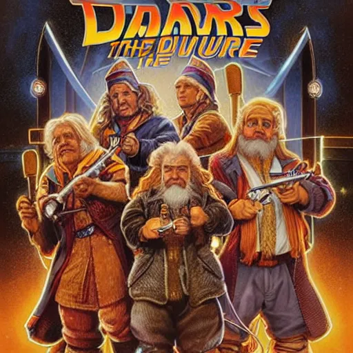 Image similar to “dwarves back to the future, cinematic poster by Mark Brooks, Donato Giancola, Victor Nizovtsev, Scarlett Hooft, Graafland, Chris Moore”