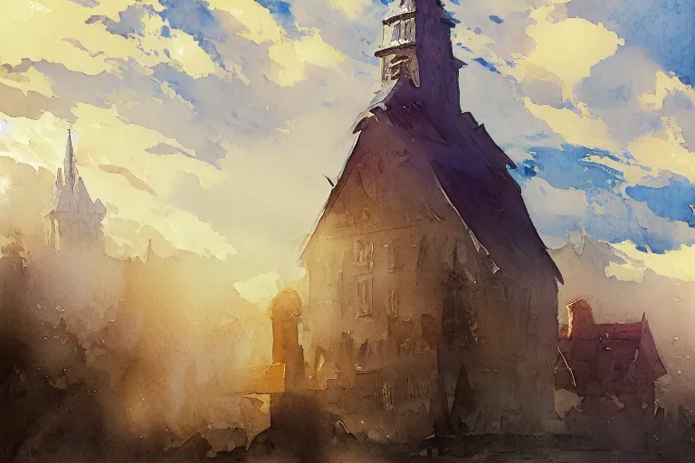 Prompt: small centered on watercolor paper, paint brush strokes, abstract watercolor painting of slavic wooden architecture style giant tower, midday sharp light, dust, cinematic light, american romanticism by hans dahl, by jesper ejsing, by anders zorn, by greg rutkowski, by greg manchess, by tyler edlin