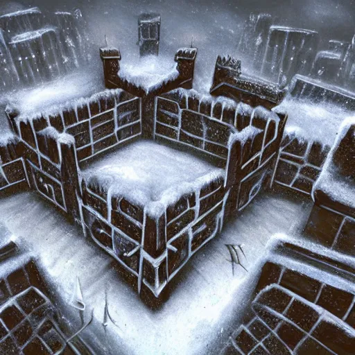 Image similar to fantasy concept art, walled city abut to a labyrinth, snowy weather, 8k, high detail