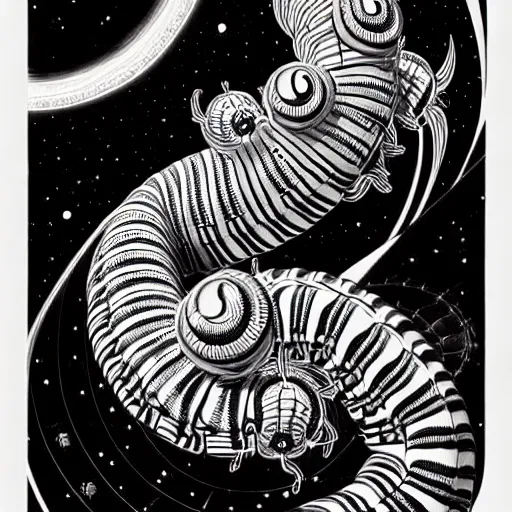 Image similar to a beautiful caterpillar, high details, bold line art, by vincent di fate and joe fenton, inking, etching, screen print, masterpiece, trending on artstation, sharp, high contrast, hyper - detailed, hd, 4 k, 8 k