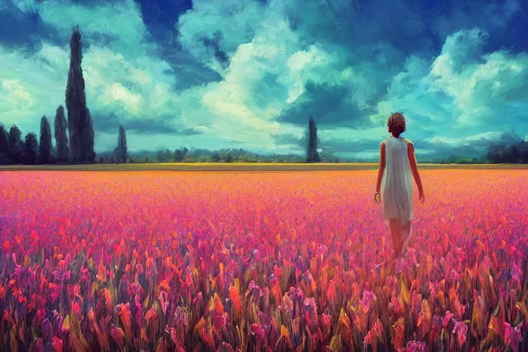 Image similar to giant gladiola head, girl walking in field of flowers, surreal photography, sunrise, blue sky, dramatic light, impressionist painting, digital painting, artstation, simon stalenhag