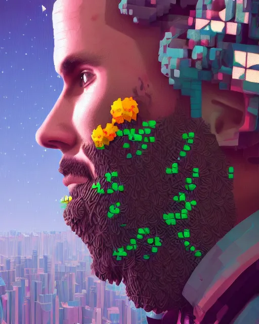 Image similar to a realistic ultradetailed digital painting of a man with flowers in his beard, profile, cyberpunk art by beeple, behance contest winner, retrofuturism, voxel art, # pixelart!!