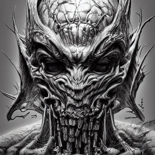 Image similar to iconic biomechanoid hybrid infected demon sentinel head album hyper detailed concept art crosshatch sketch illustration art style by Jonathan Wayshak and Toshihiro Egawa and Zdizslaw Beksinski and Artstation trending 8k