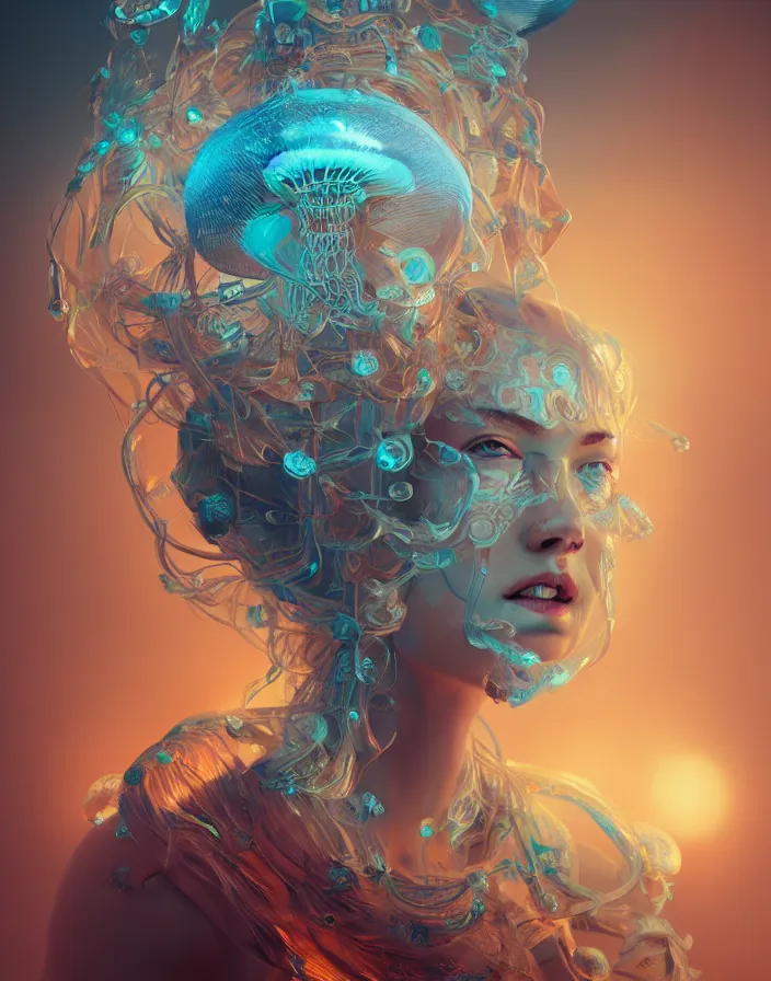 Image similar to goddess portrait. jellyfish phoenix head. intricate artwork by Tooth Wu and wlop and beeple. octane render, trending on artstation, greg rutkowski very coherent symmetrical artwork. cinematic, hyper realism, high detail, octane render, 8k