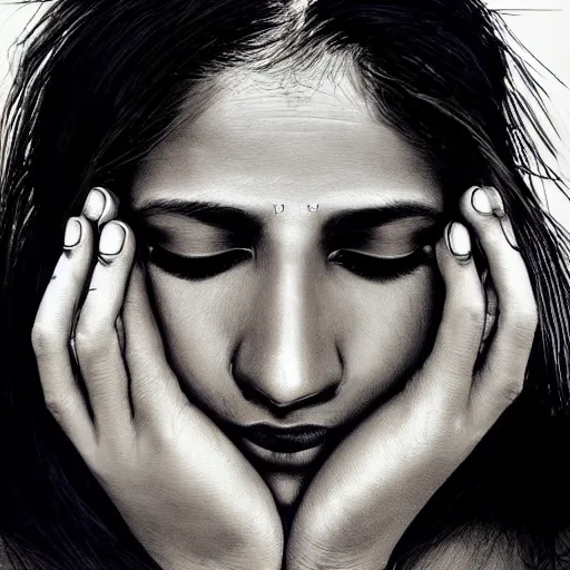 Image similar to Stunning portrait of Indian womans face with her hands covering her eyes, black ink is pouring down from her eyes, music album cover, artstation, pixivi