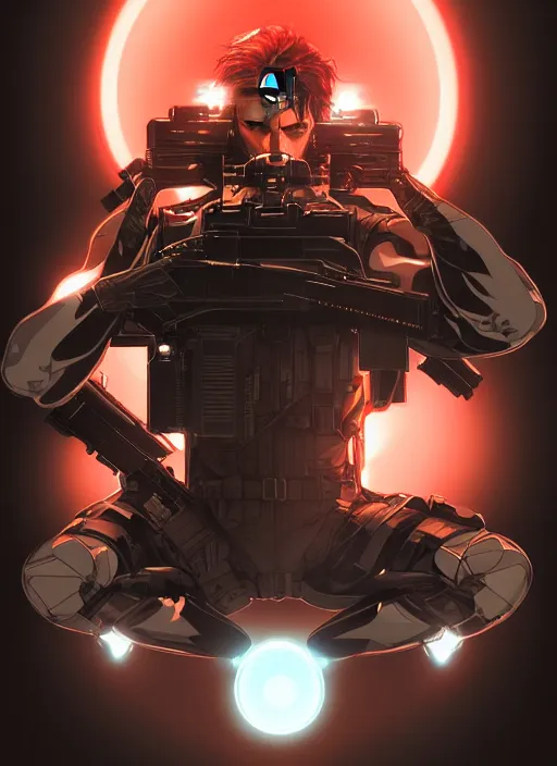 Image similar to symmetry!! portrait of solid snake, metal gear solid, tech wear, glowing lights!! intricate, elegant, highly detailed, digital painting, artstation, concept art, smooth, sharp focus, illustration, art by artgerm and greg rutkowski and alphonse mucha